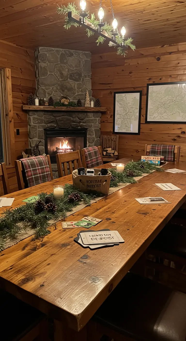 Houten eetkamer in chaletstijl met een stenen haard, dennentakken en landkaarten aan de muur.