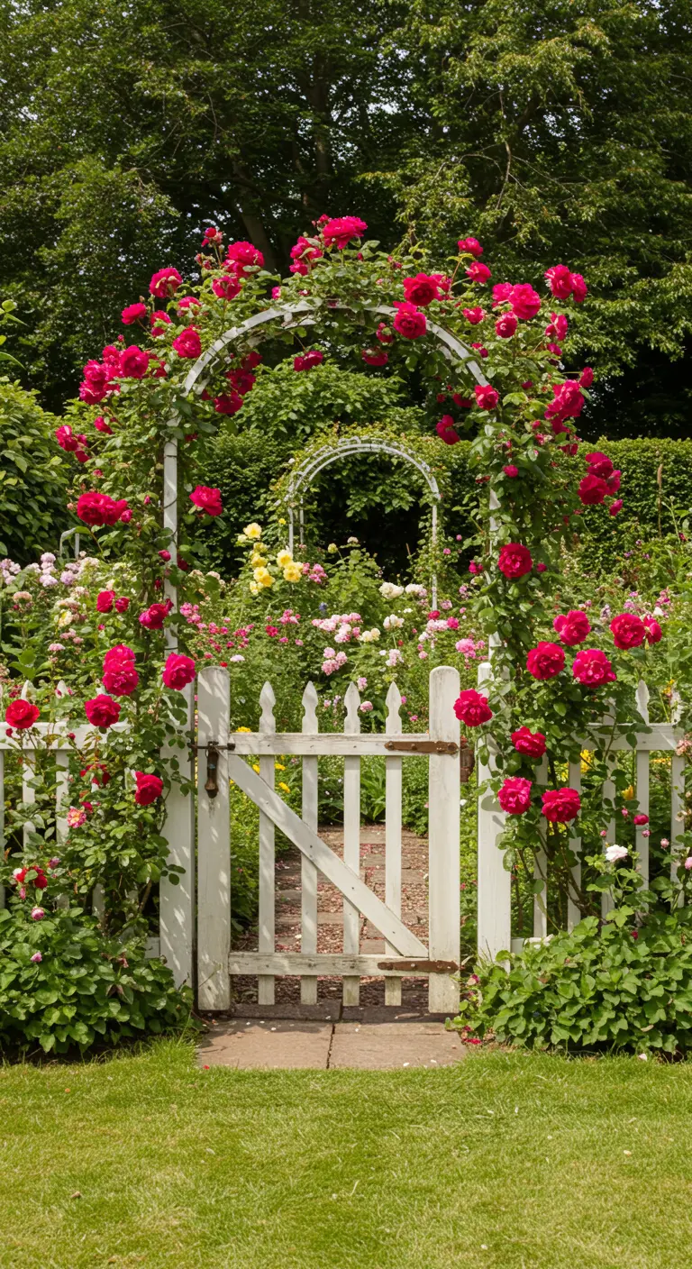 Wit houten hekje en rozenboog, begroeid met dieprode klimrozen in een weelderige tuin.