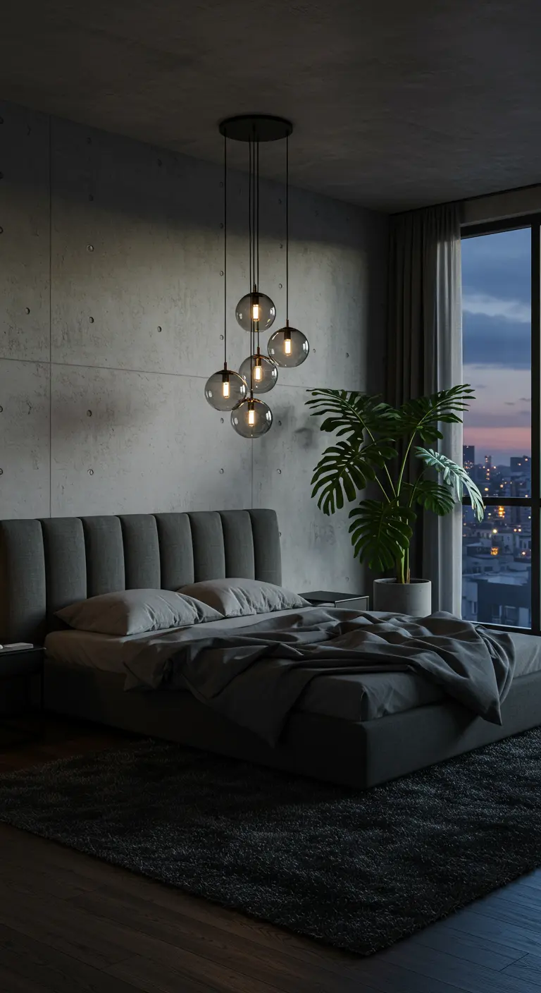 Moderne slaapkamer met een betonnen muur en een cluster van hangende glazen bollen boven het bed.