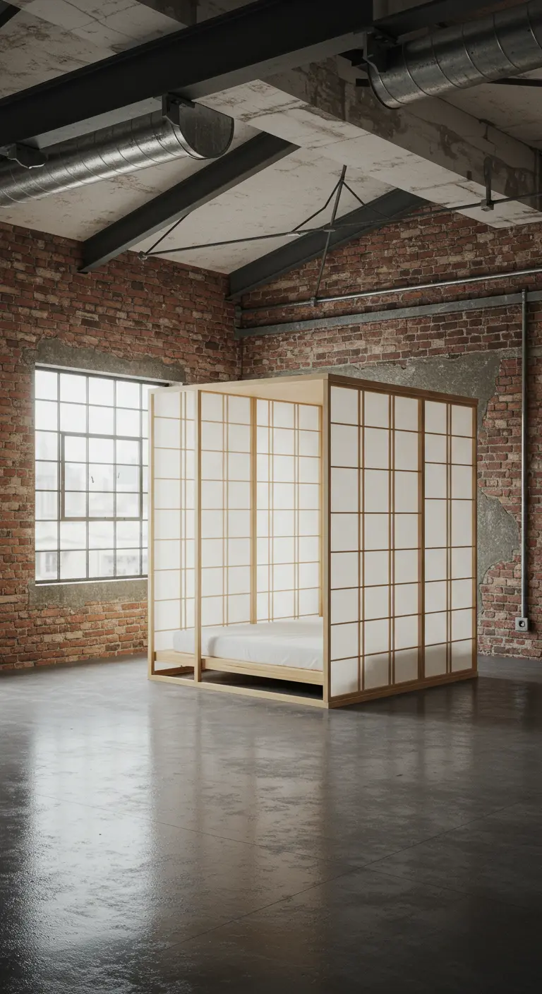 Industriële loft met een vrijstaande houten kubus met shoji-wanden waarin een bed staat.