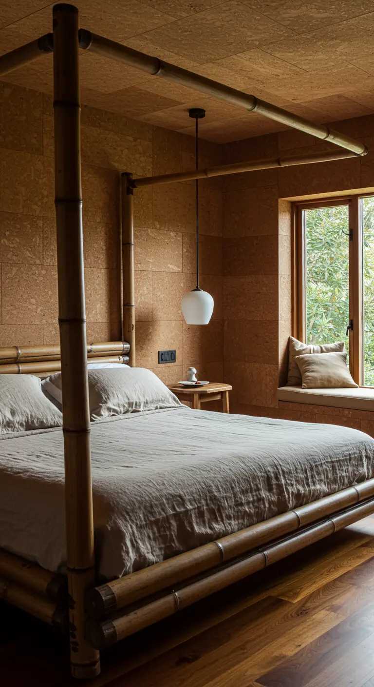 Slaapkamer volledig bekleed met kurk, met een donker bamboe hemelbed.