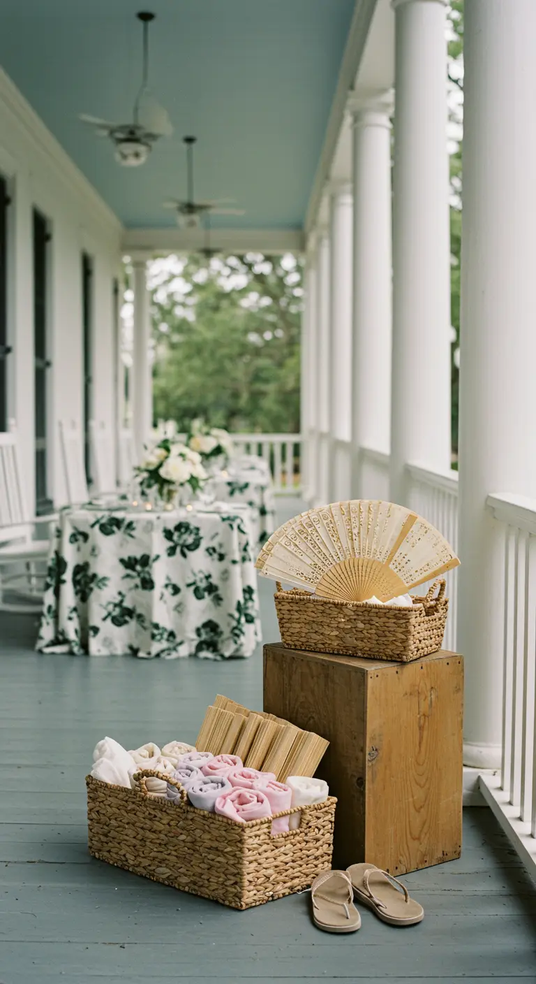 Rieten manden met opgerolde dekens, slippers en waaiers op een veranda.