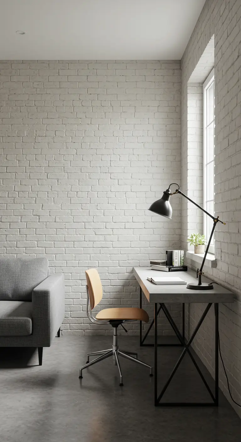 Compacte, lichte werkhoek met een witgeschilderde bakstenen muur en een industrieel bureau.