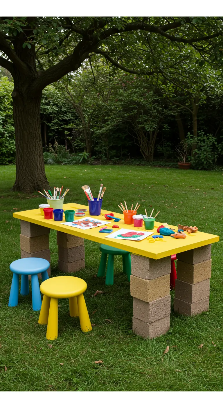 Gele deur als knutseltafel voor kinderen, rustend op betonblokken in een tuin.