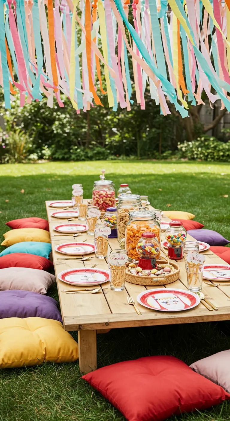 Lage picknicktafel buiten met een dak van gekleurde papieren slingers erboven.