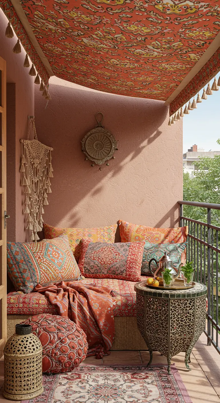 Balkon in Marokkaanse stijl met een kleurrijk stoffen baldakijn en sfeervolle kussens.