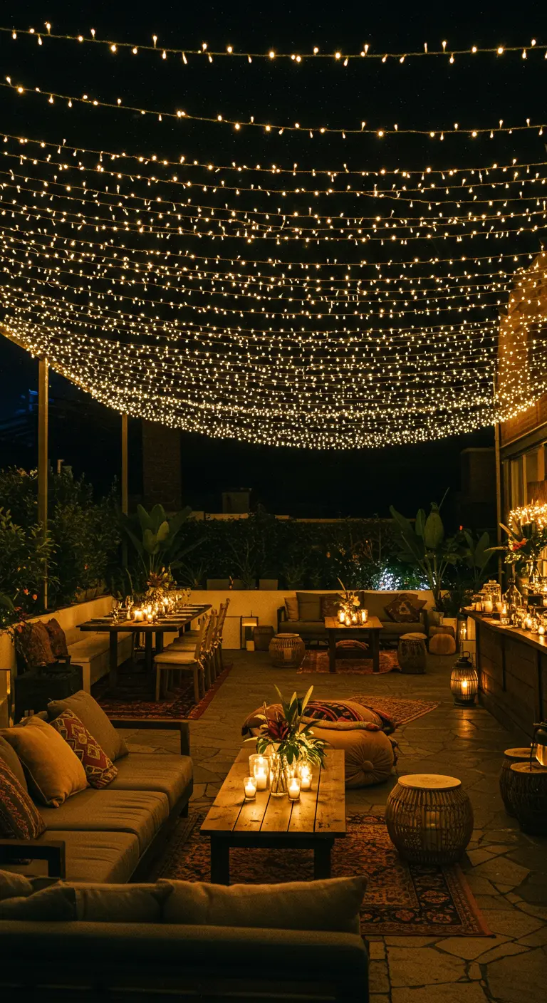 Terras met een plafond van dicht op elkaar gespannen lichtslingers boven een loungehoek.