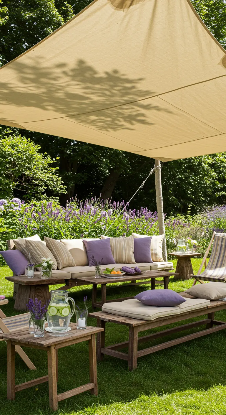 Loungebank in de tuin onder een groot crèmekleurig canvas zonnescherm.