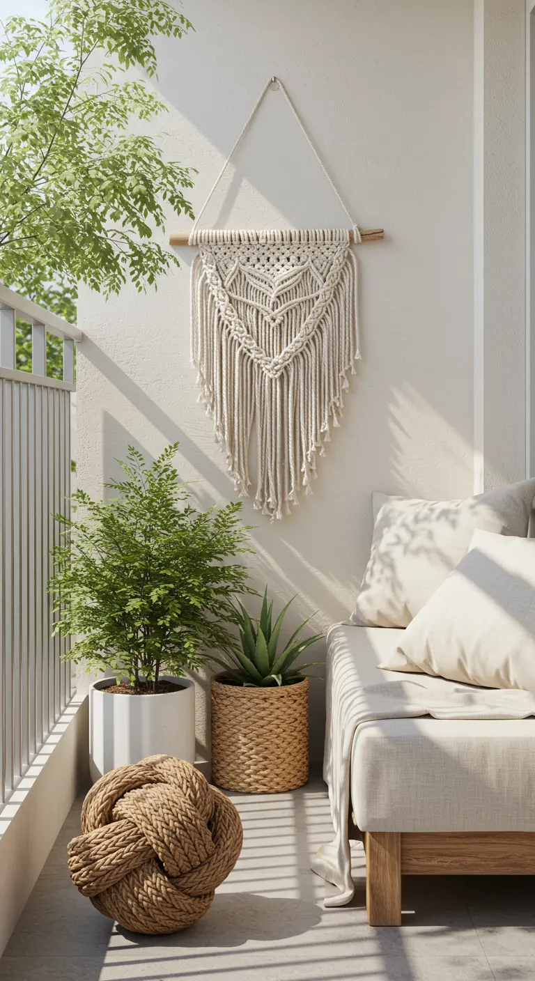 Modern, licht balkon met een grote decoratieve touwknoop als object op de grond.
