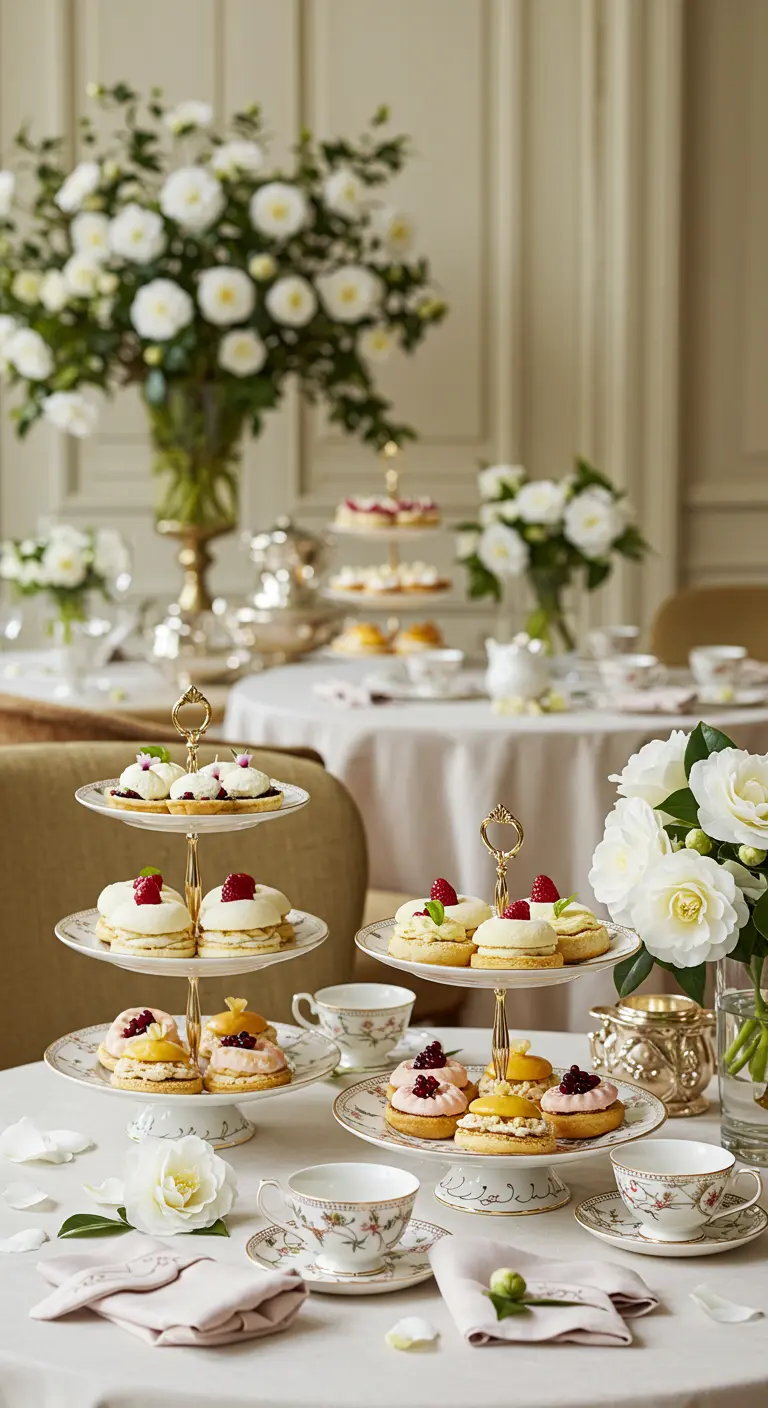 High tea tafel met etagères vol gebak, wit porselein en boeketten met witte bloemen.