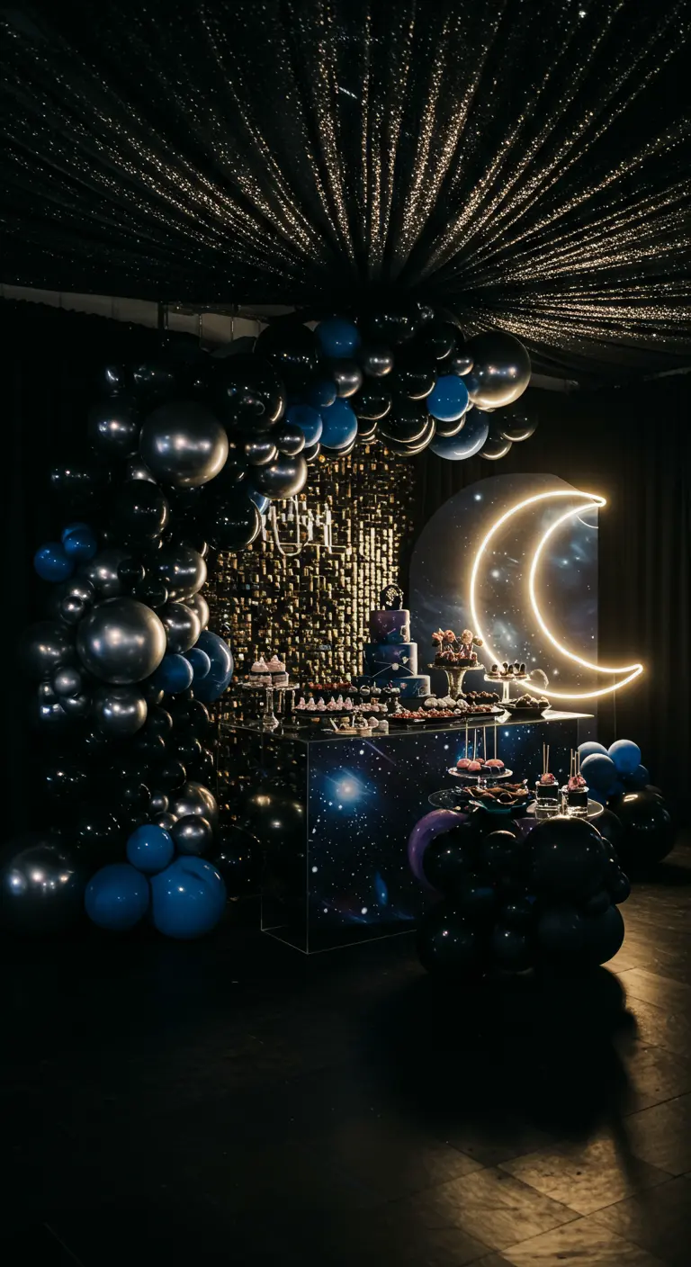 Desserttafel met een ballonnenboog, een neon-maan en een glinsterende achtergrond.