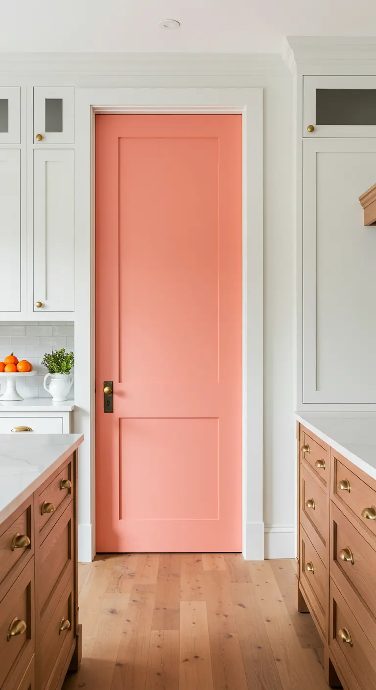 Witte keuken met houten details en een enkele deur die in een opvallende koraalroze kleur is geverfd.