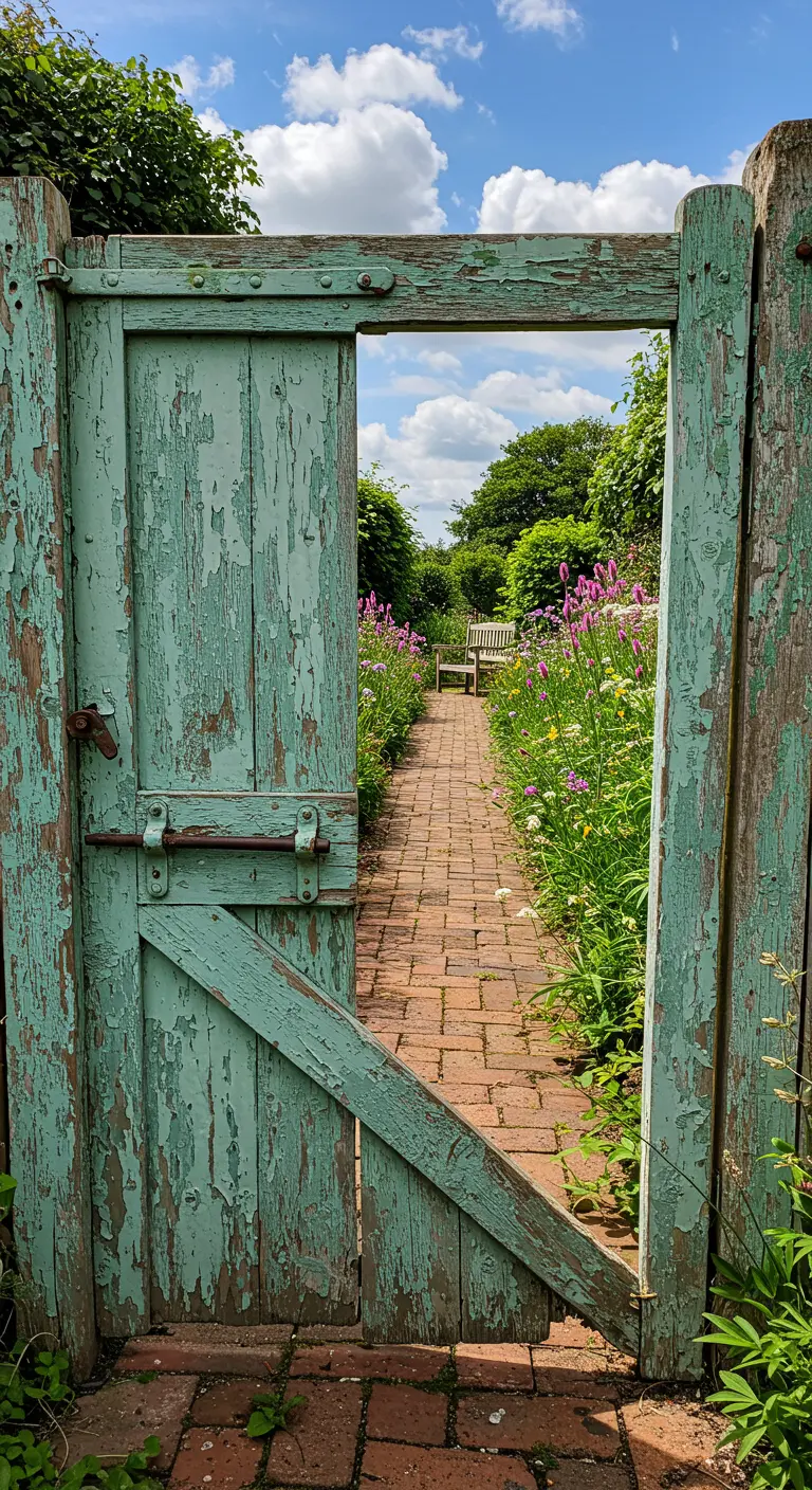 Een halfopen, verweerde turquoise houten deur geeft een doorkijkje naar een bloementuin.