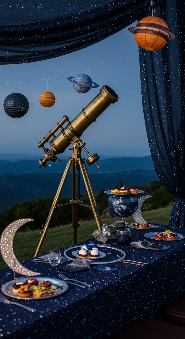 Tafel met planeten erboven en een telescoop voor een kosmisch themafeest.