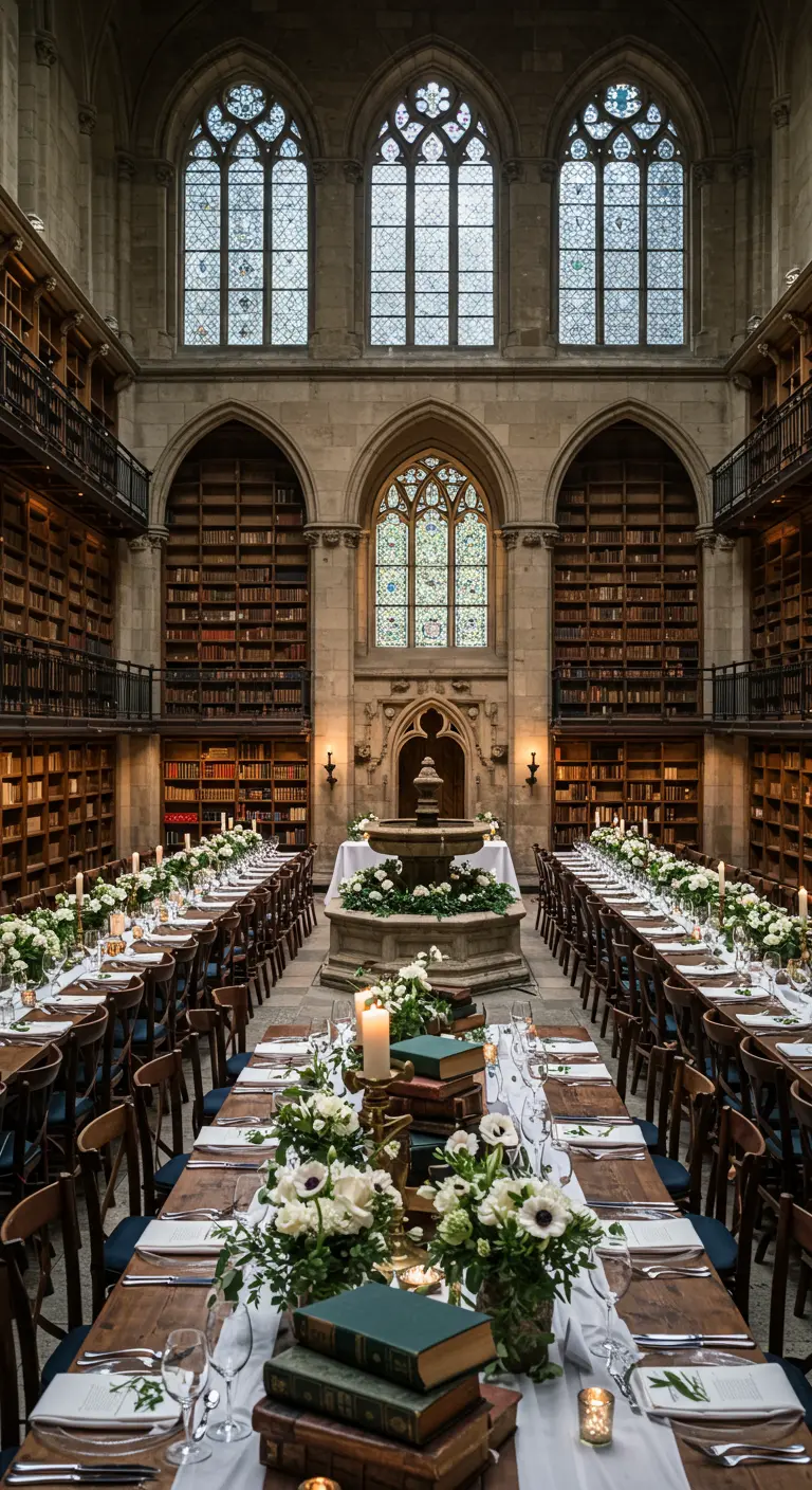 Diner met lange tafels in een statige bibliotheek, met boeken en witte bloemen als decoratie.