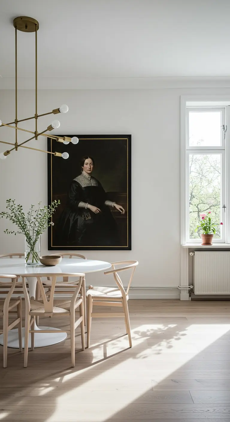 Lichte eetkamer met groot klassiek portret, moderne lamp en houten stoelen.