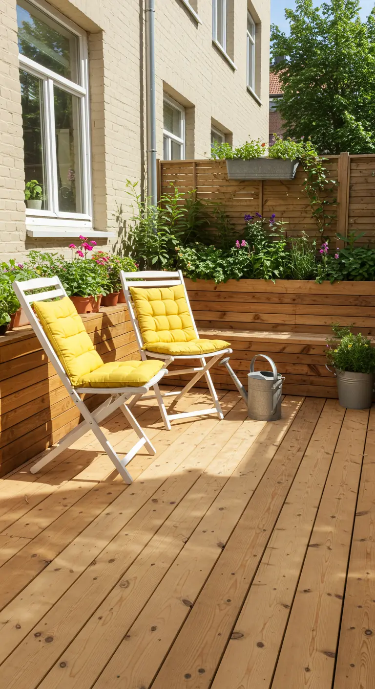 Zonnig houten terras met witte klapstoelen met gele kussons.