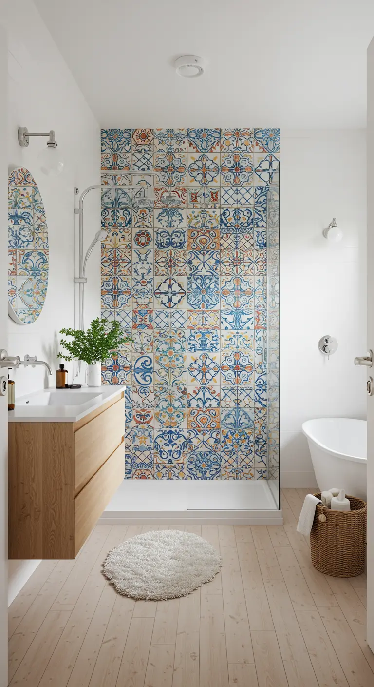 Witte badkamer met een douchewand vol kleurrijke patroontegels.
