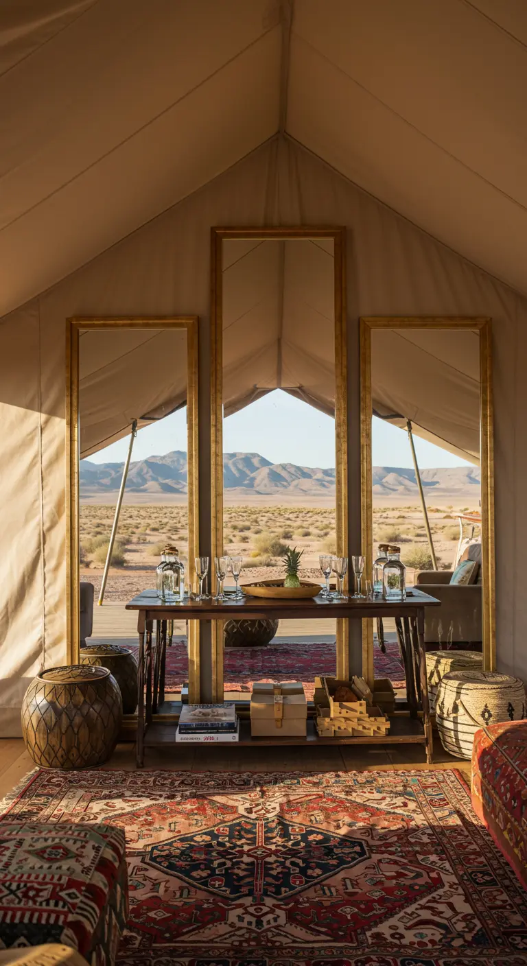 Drie hoge spiegels in een luxe tent, die een woestijnlandschap reflecteren.