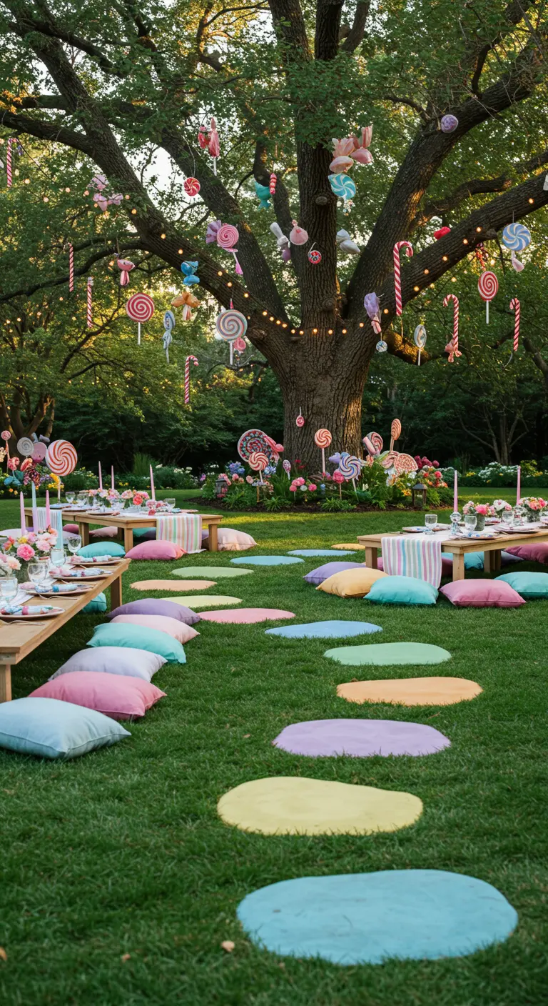 Tuinfeest met lolly-decoraties in een boom en pastelkussens op het gras.