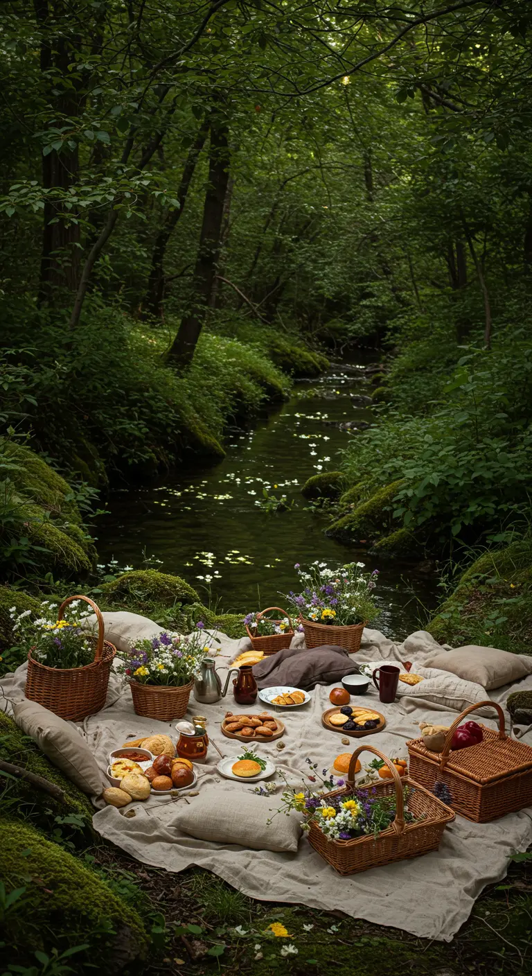 Picknick aan een beekje in het bos, met manden vol bloemen en eten.
