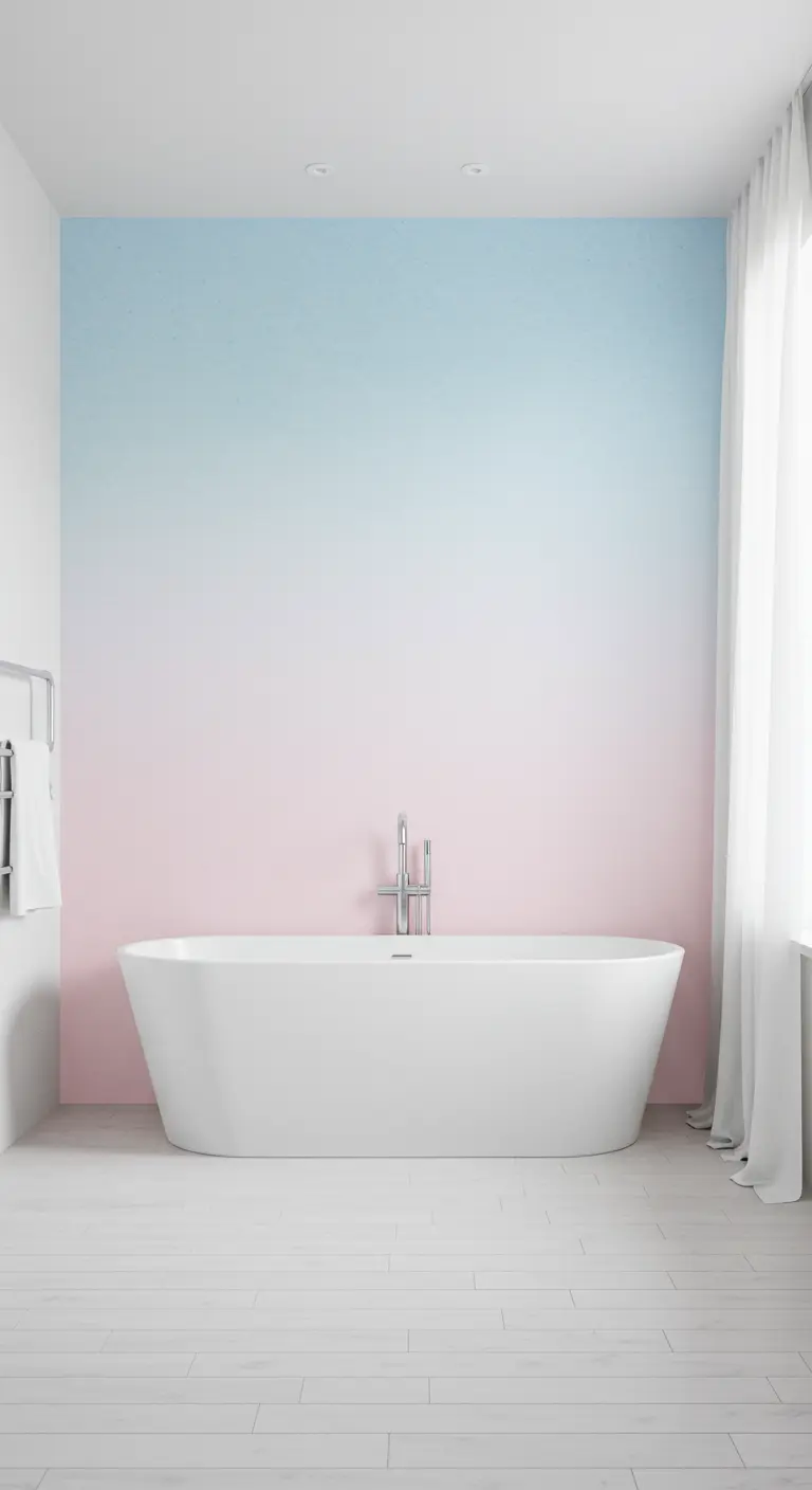 Minimalistische badkamer met een accentmuur in een roze en blauw ombre-effect achter het bad.