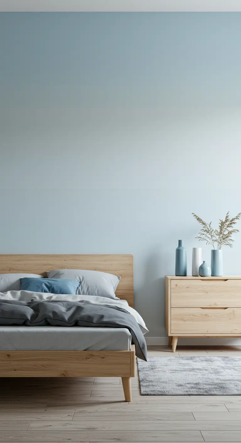 Slaapkamer met een muur die van lichtblauw overloopt in wit.