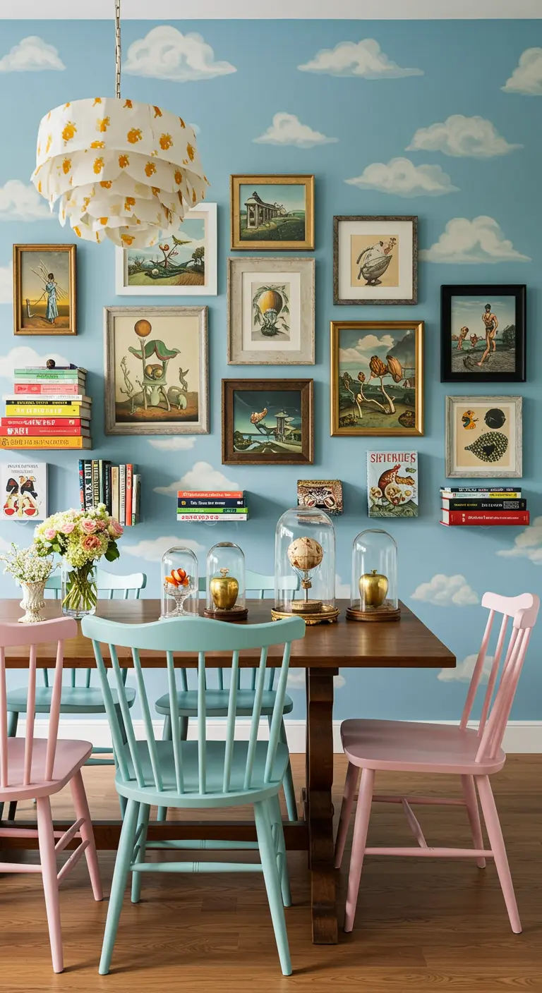 Fantasierijke eetkamer met wolkenbehang, een gallery wall met vintage prenten en pastelkleurige stoelen.
