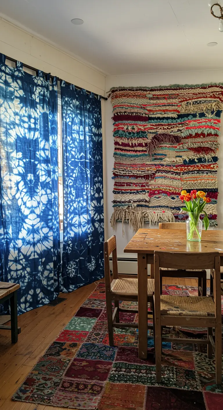 Eclectische eetkamer met blauwe shibori-gordijnen, een kleurrijk patchwork tapijt en een groot wandkleed.