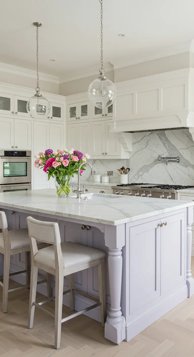 Witte keuken met een groot kookeiland dat in een zachte, lila pasteltint is geschilderd.