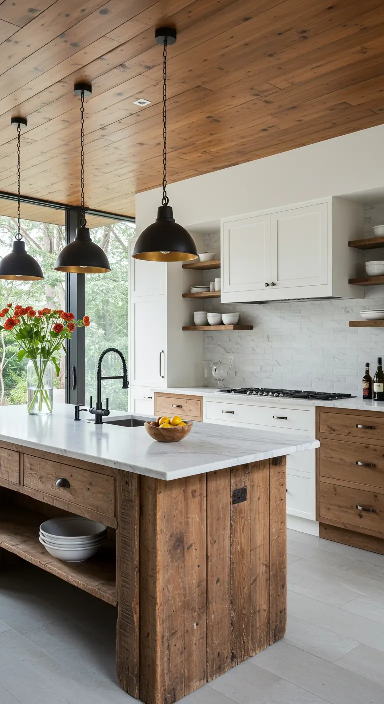 Keuken met een eiland van ruw, hergebruikt hout en witte kasten.