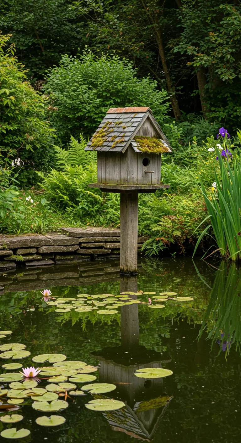 Houten vogelhuisje met een dak van mos, op een paal in een vijver.