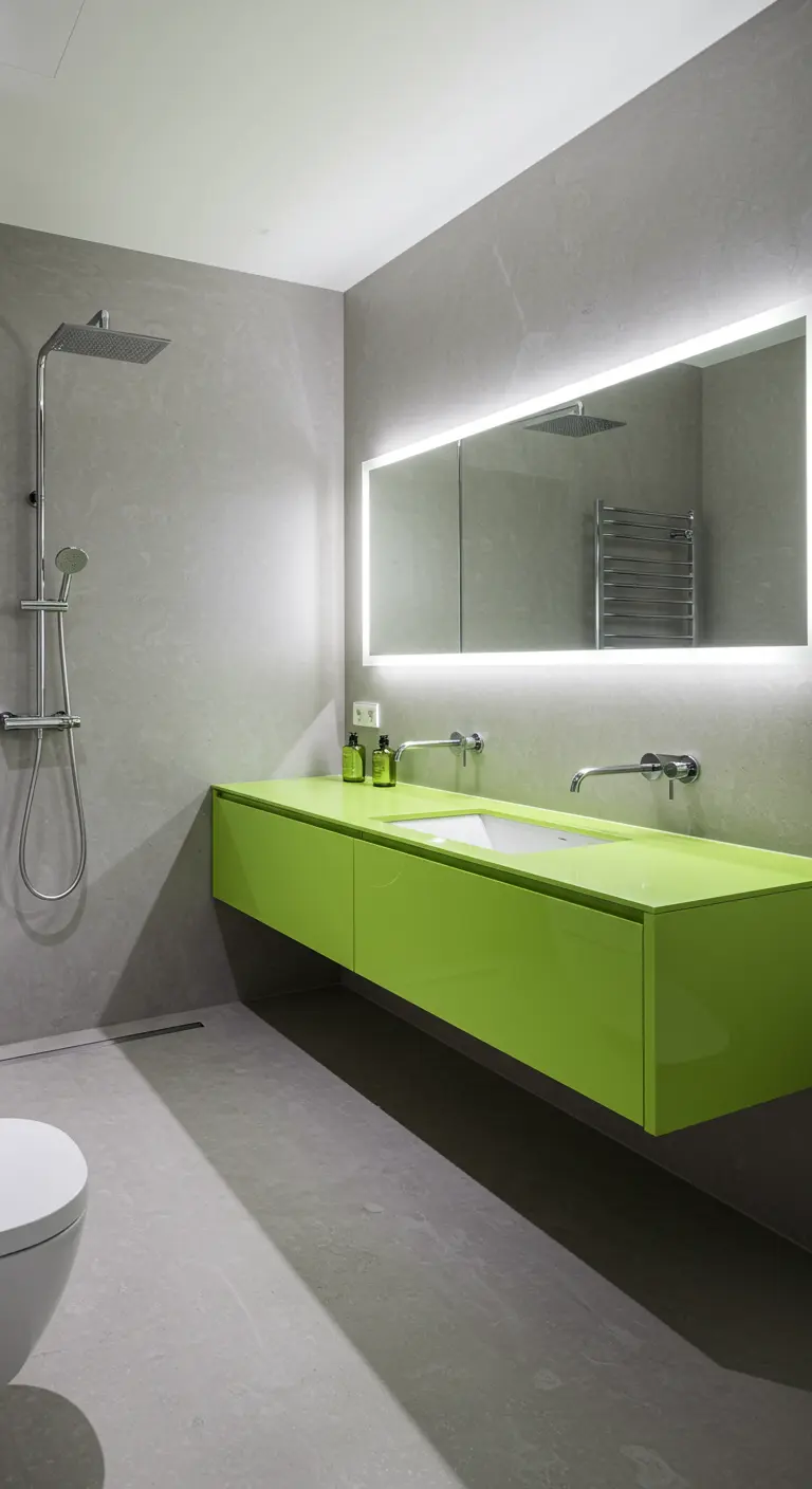Moderne grijze badkamer met een opvallend limegroen zwevend wastafelmeubel.