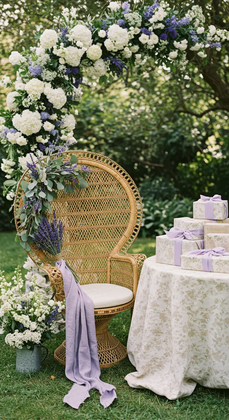 Rotan pauwenstoel versierd met bloemen en lavendel, naast een tafel met cadeaus.