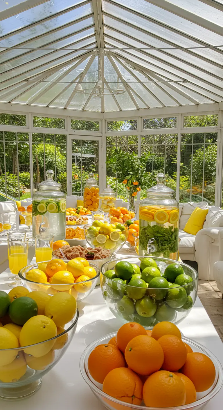 Buffettafel in een serre vol schalen met citrusvruchten en karaffen met water.