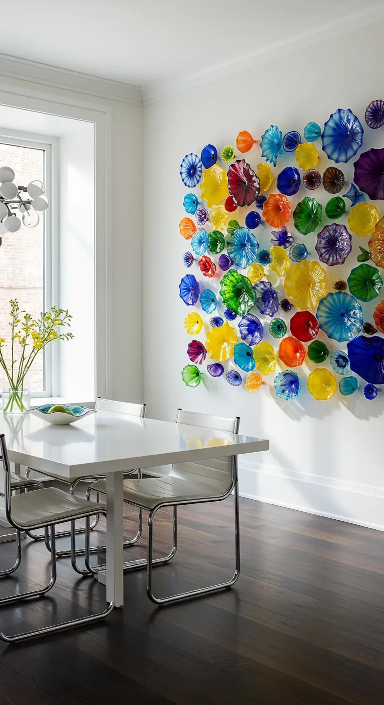 Witte eetkamer met een kleurrijke installatie van geblazen glas op de muur.