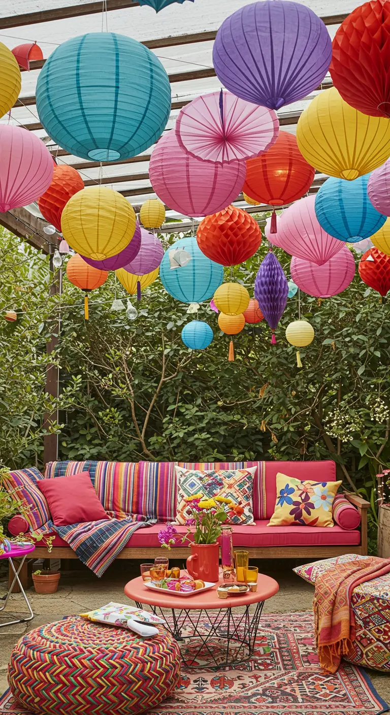 Bohemian zithoek onder een pergola die volhangt met felgekleurde papieren lampionnen.
