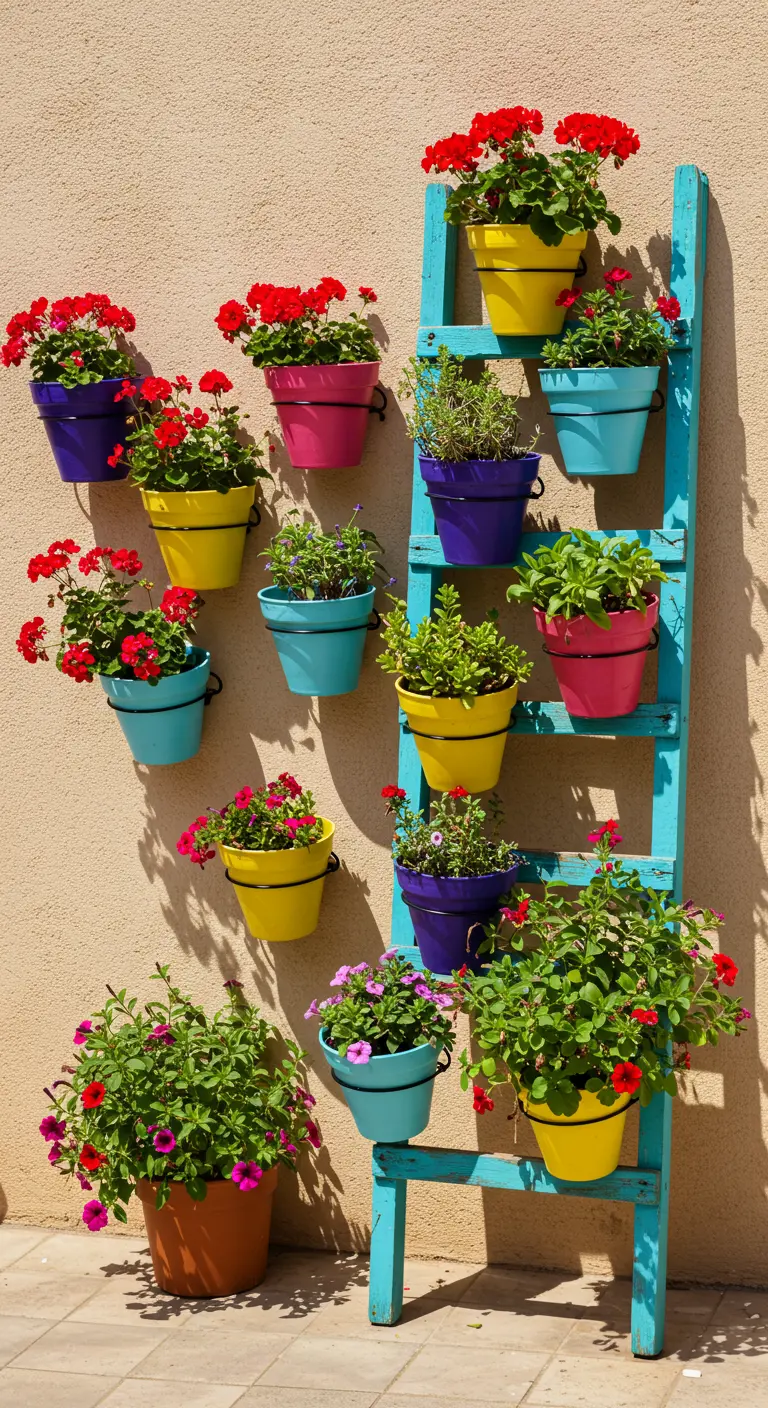 Turquoise geschilderde ladder met felgekleurde bloempotten vol rode en roze bloemen tegen een beige muur.