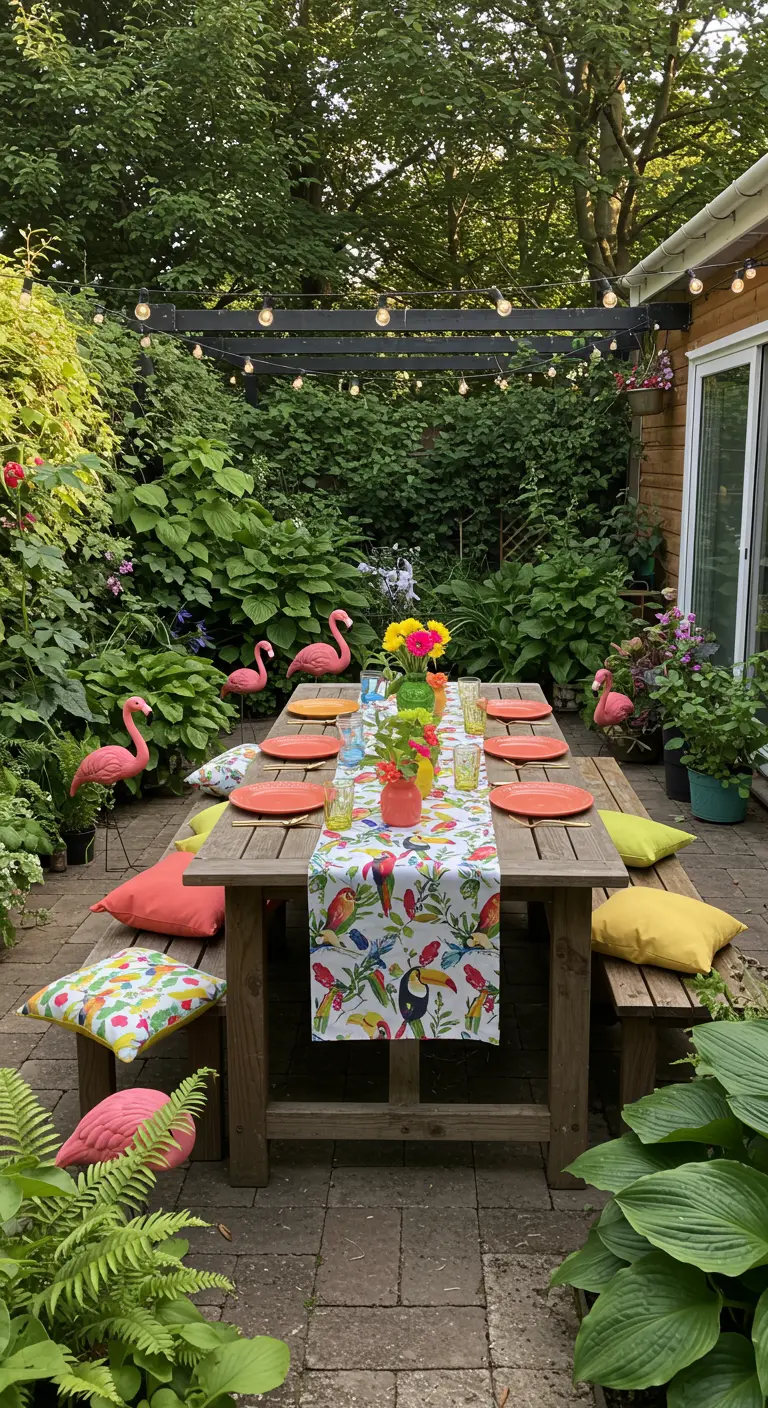 Tuintafel met papegaaienprint loper, oranje borden en roze flamingo's in de tuin.