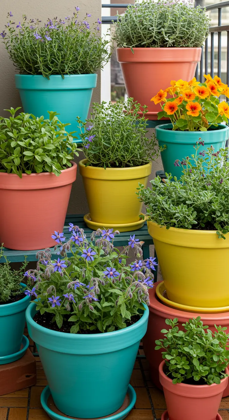 Verzameling van kruiden en eetbare bloemen in felgekleurde potten op een balkon.
