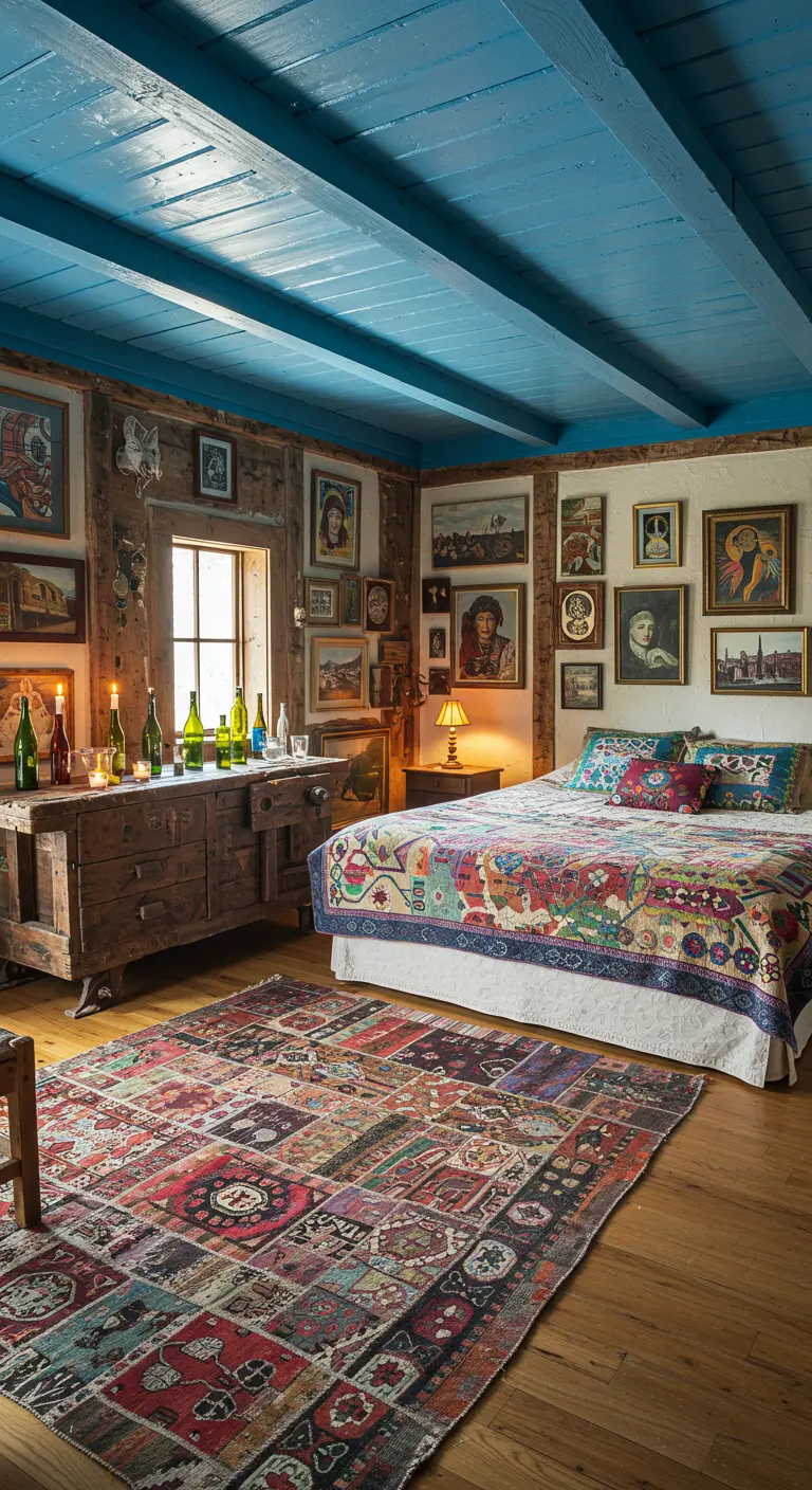 Eclectische, kleurrijke slaapkamer met een blauw plafond, patchwork tapijt en een muur vol schilderijen.