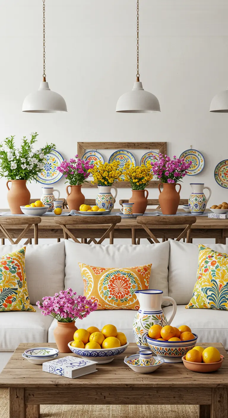 Levendige woonkamer vol met kleurrijk, handbeschilderd keramiek, citroenen en bloemen op de tafels.