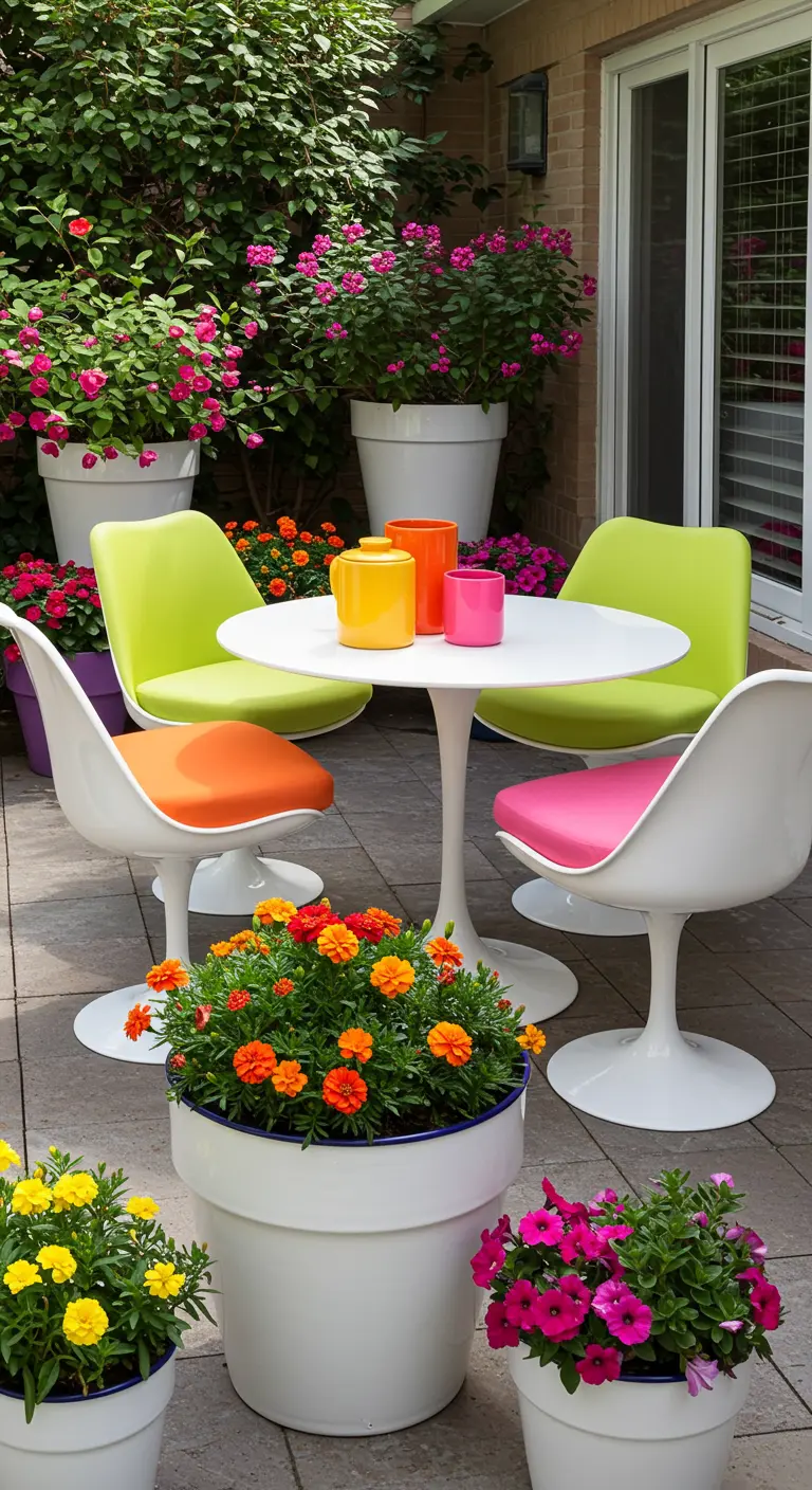 Terras met witte tulpenstoelen met felgekleurde zittingen en grote witte potten met bloemen.