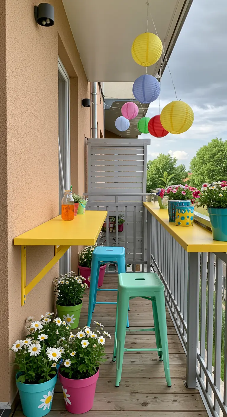 Felgele balkonbar met turquoise en mintgroene krukjes, omringd door kleurrijke bloempotten.