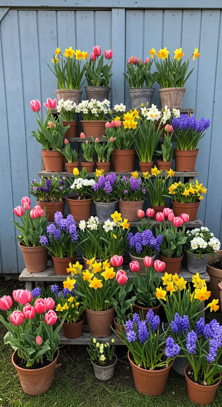 Houten etagère vol met potten met kleurrijke lentebloemen zoals tulpen, narcissen en hyacinten.