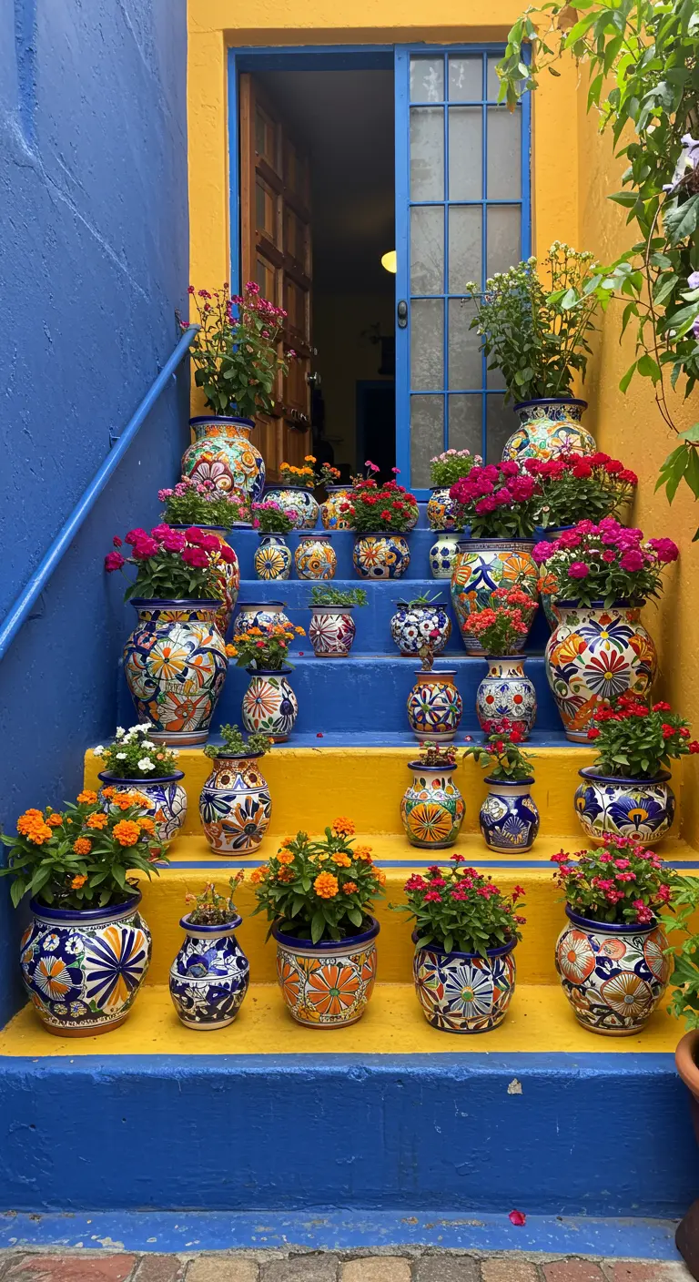 Blauw en geel geverfde trap vol met kleurrijke, handbeschilderde Mexicaanse bloempotten.