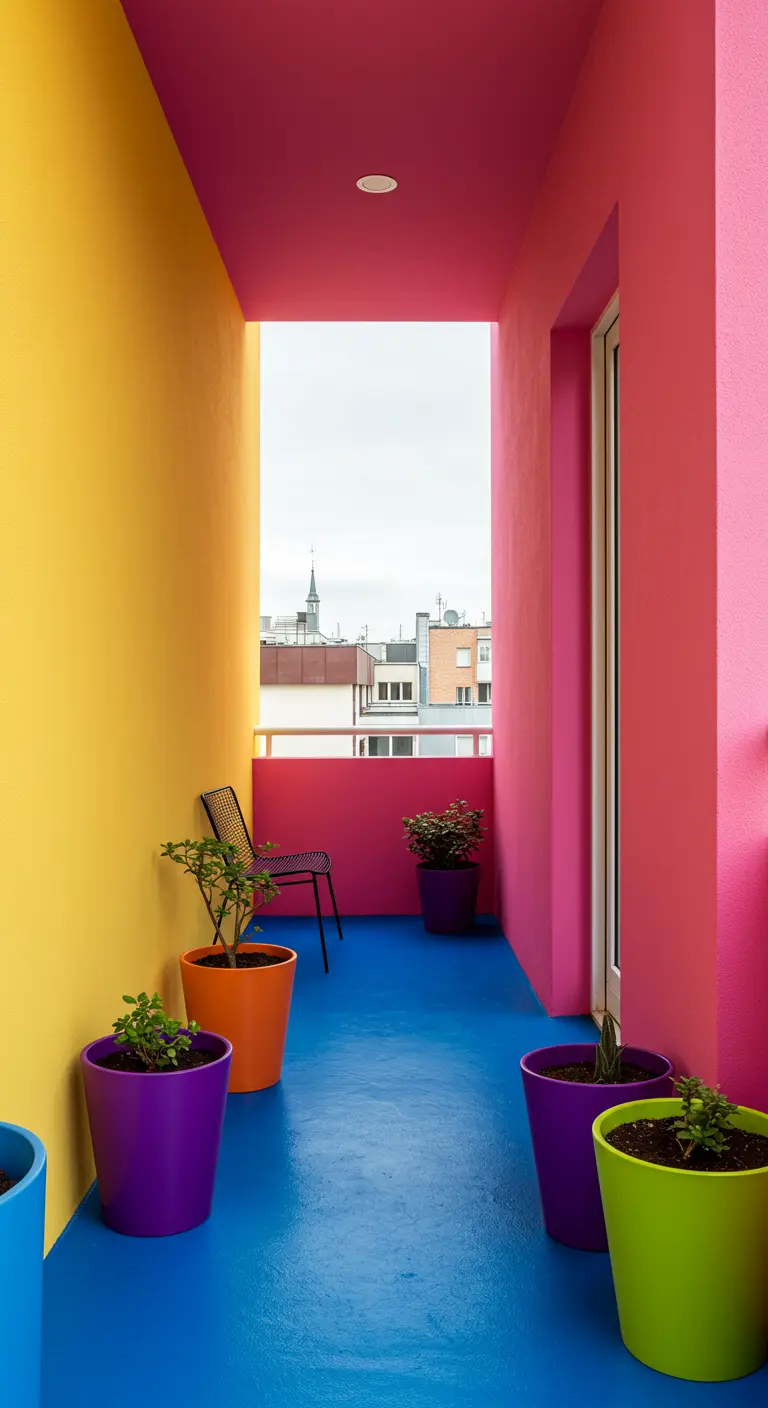 Smal balkon waarbij de muren geel en roze zijn en de vloer blauw, met potten in bijpassende kleuren.