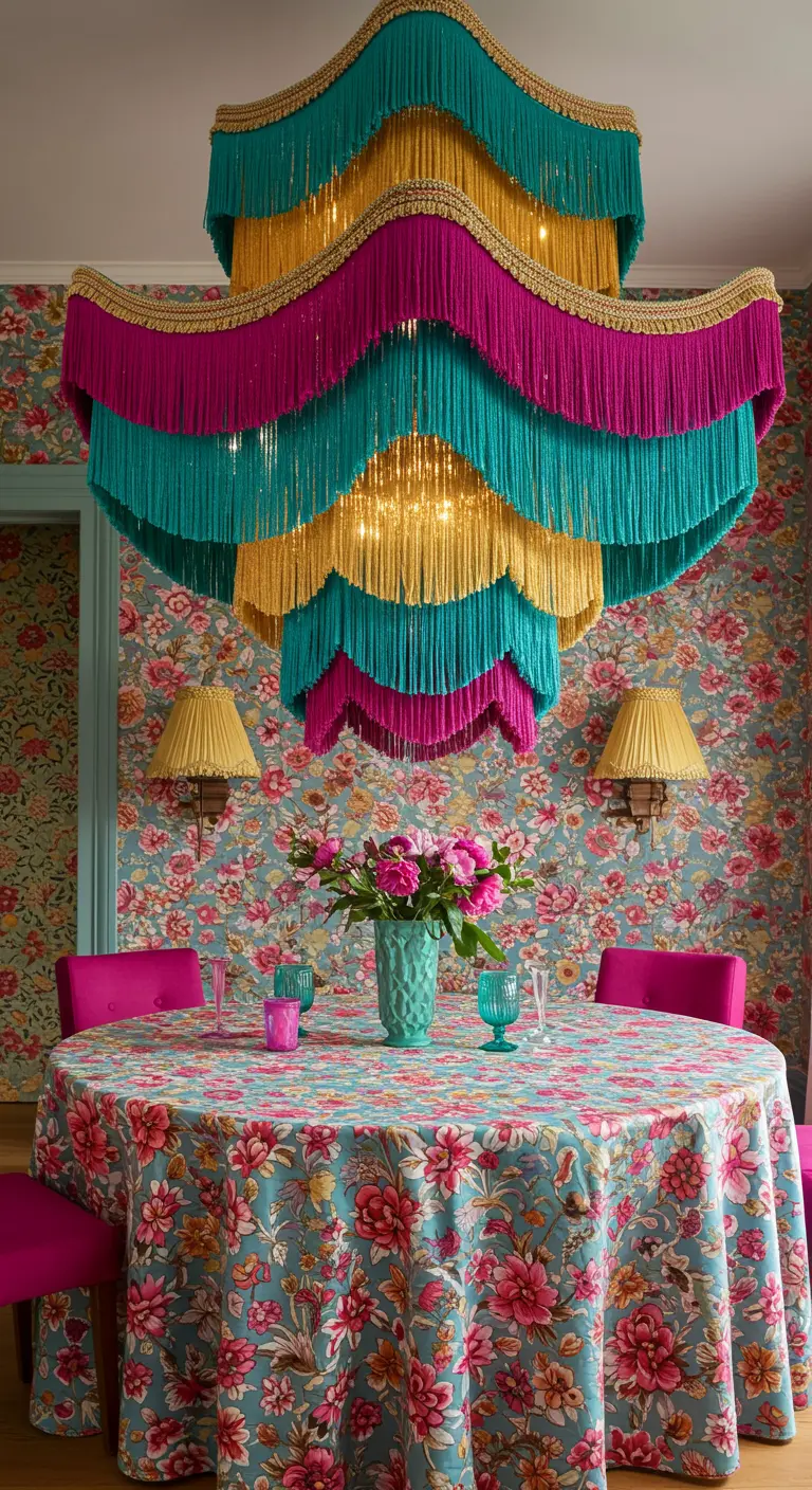 Extravagante, kleurrijke lamp met lagen franjes in blauw, roze en goud boven een bloemrijk tafelkleed.