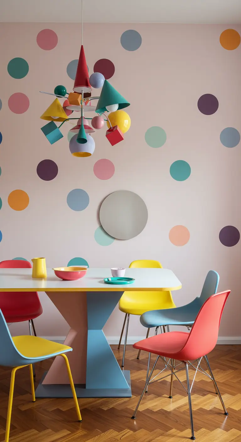Kleurrijke eethoek met polkadotmuren, een Memphis-stijl lamp en stoelen in verschillende kleuren.