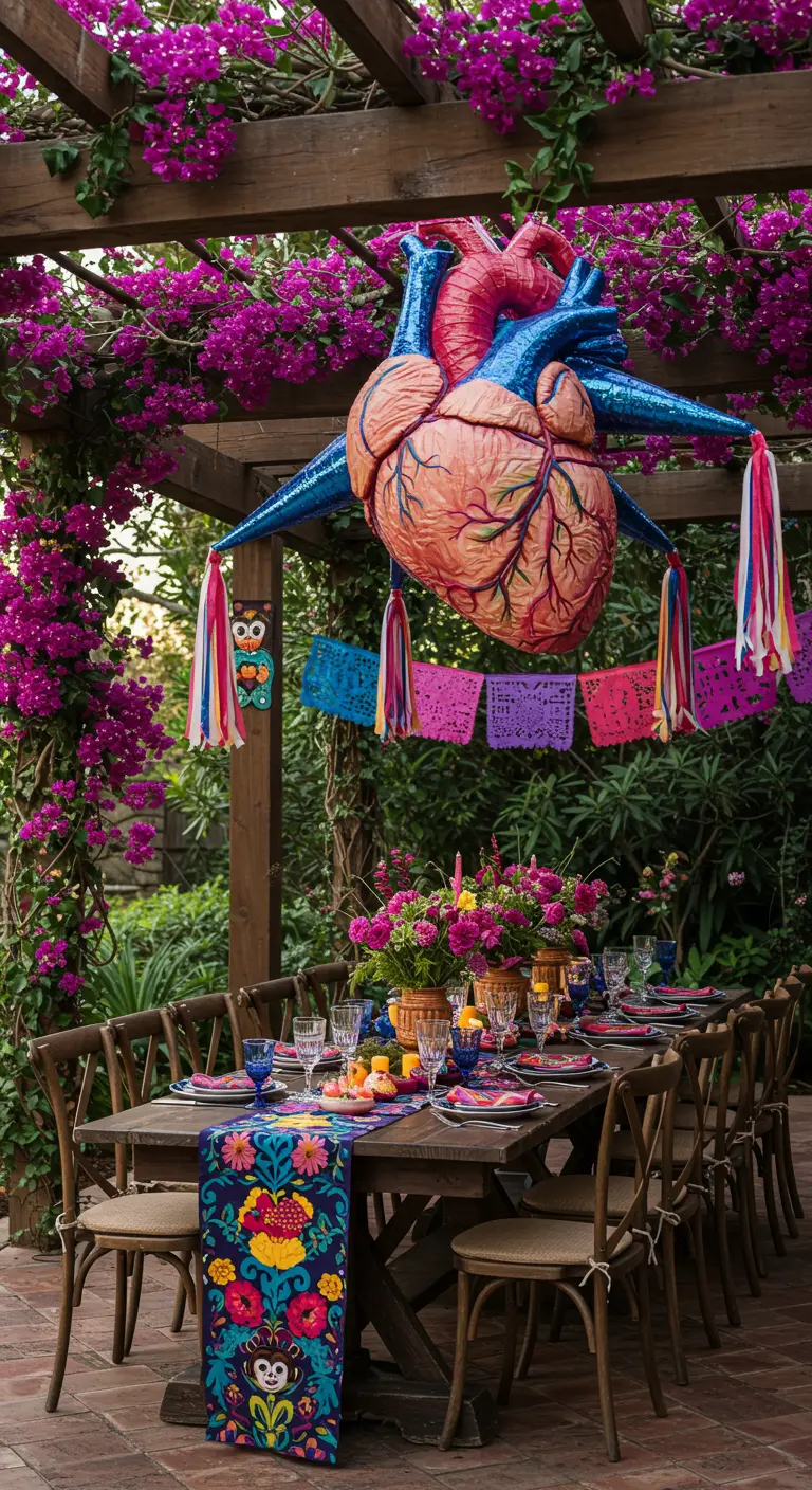 Grote, artistieke piñata in de vorm van een anatomisch hart.